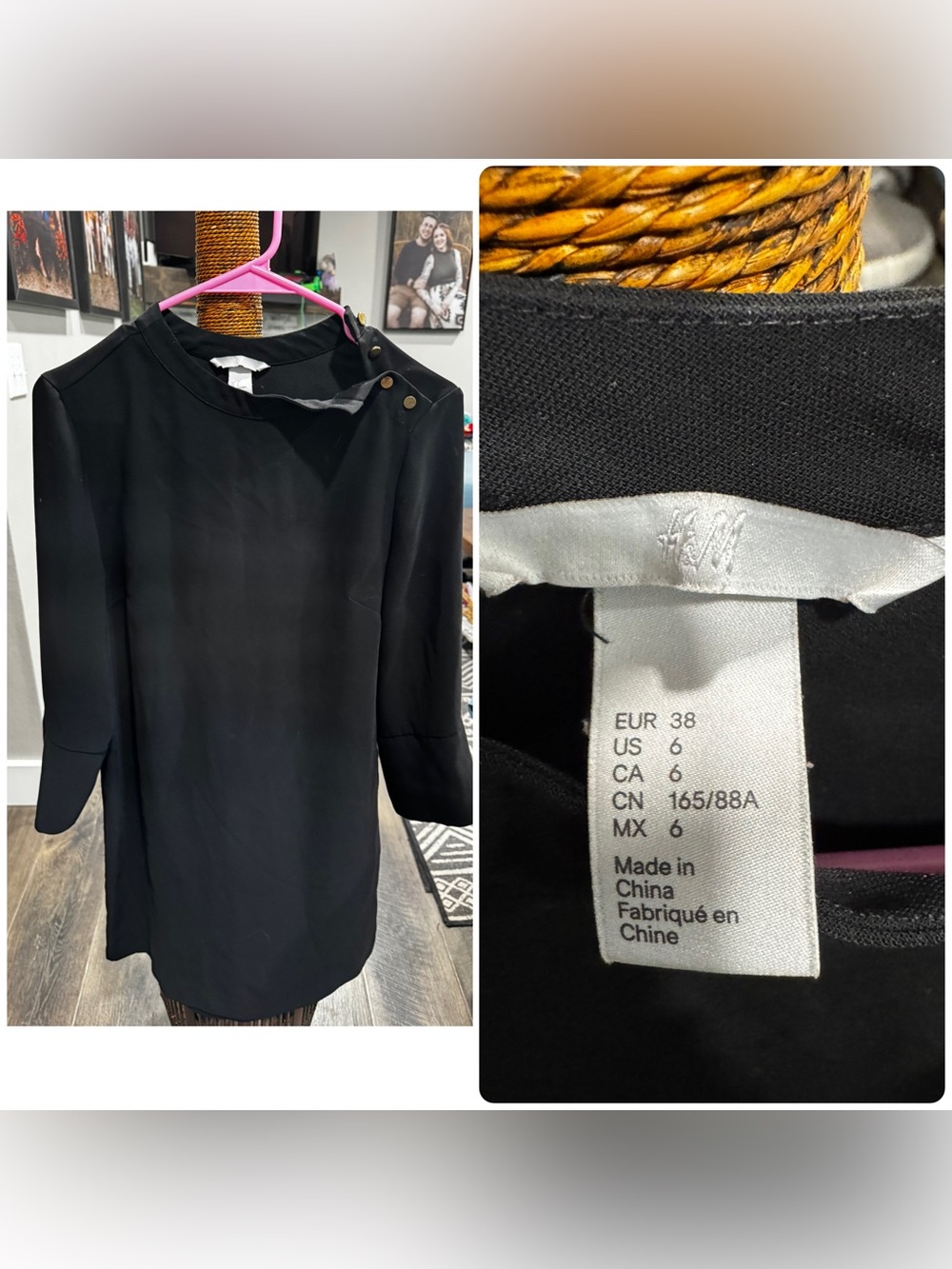 H&M Black Long-Sleeve Shift Dress with Shoulder Button Detail